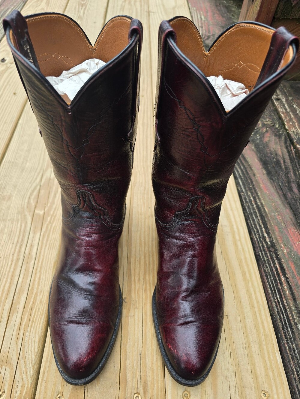 Lucchese, Vintage Womens Black Cherry Leather, Round Toe Roper Boots, Sz 8.5B - Picture 3 of 13